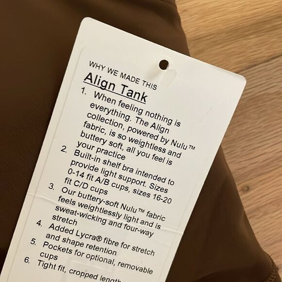 NWT LULULEMON Align Cropped STYLE Tank Top  BROWN JAVA COFFEE Size 6 nwt nwt - Picture 6 of 6